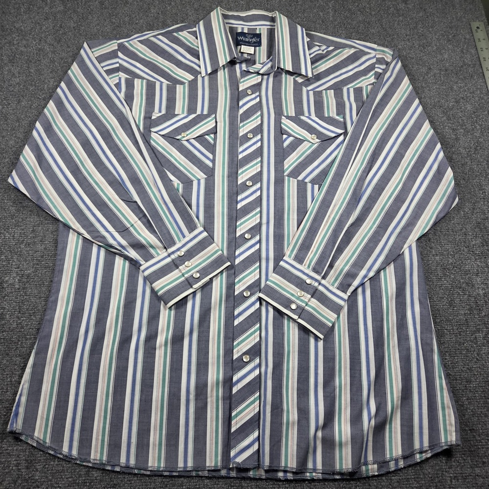 Vintage Wrangler Western Shirt Mens XL Blue Gray Striped Pearl Snap Long Sleeve